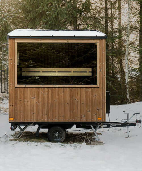native narrative clads mobile scandinavian sauna in warm pine and black-painted spruce 